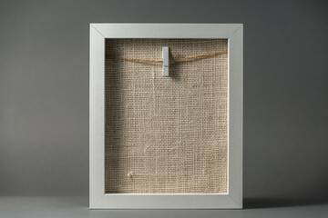 White frame with the clip and the cord and linen background.
