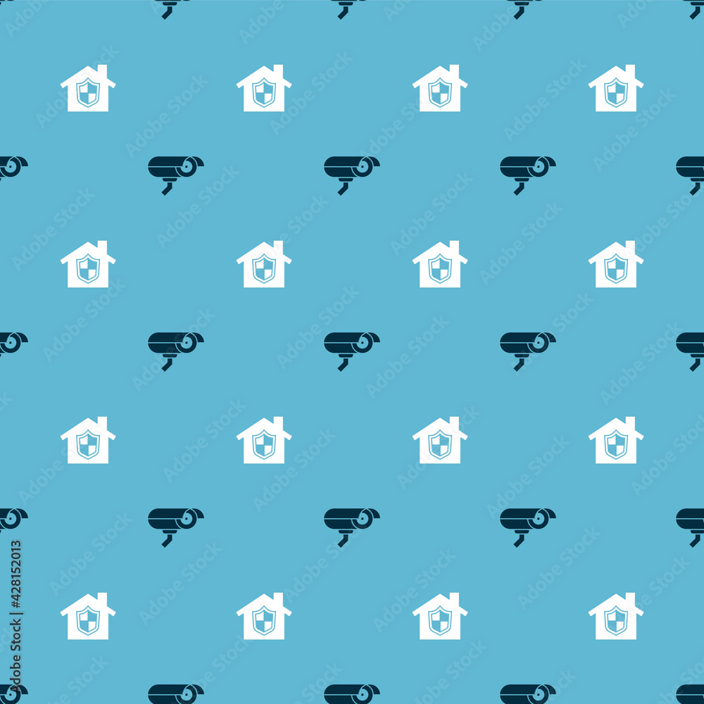 Poster set security camera and house under protection on seamless pattern. vector