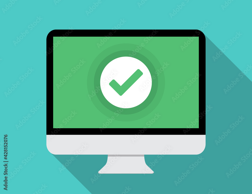 Aufkleber monitor with green checkmark notification in a flat design
