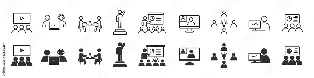 Aufkleber business training and workshop icons collection in two different styles