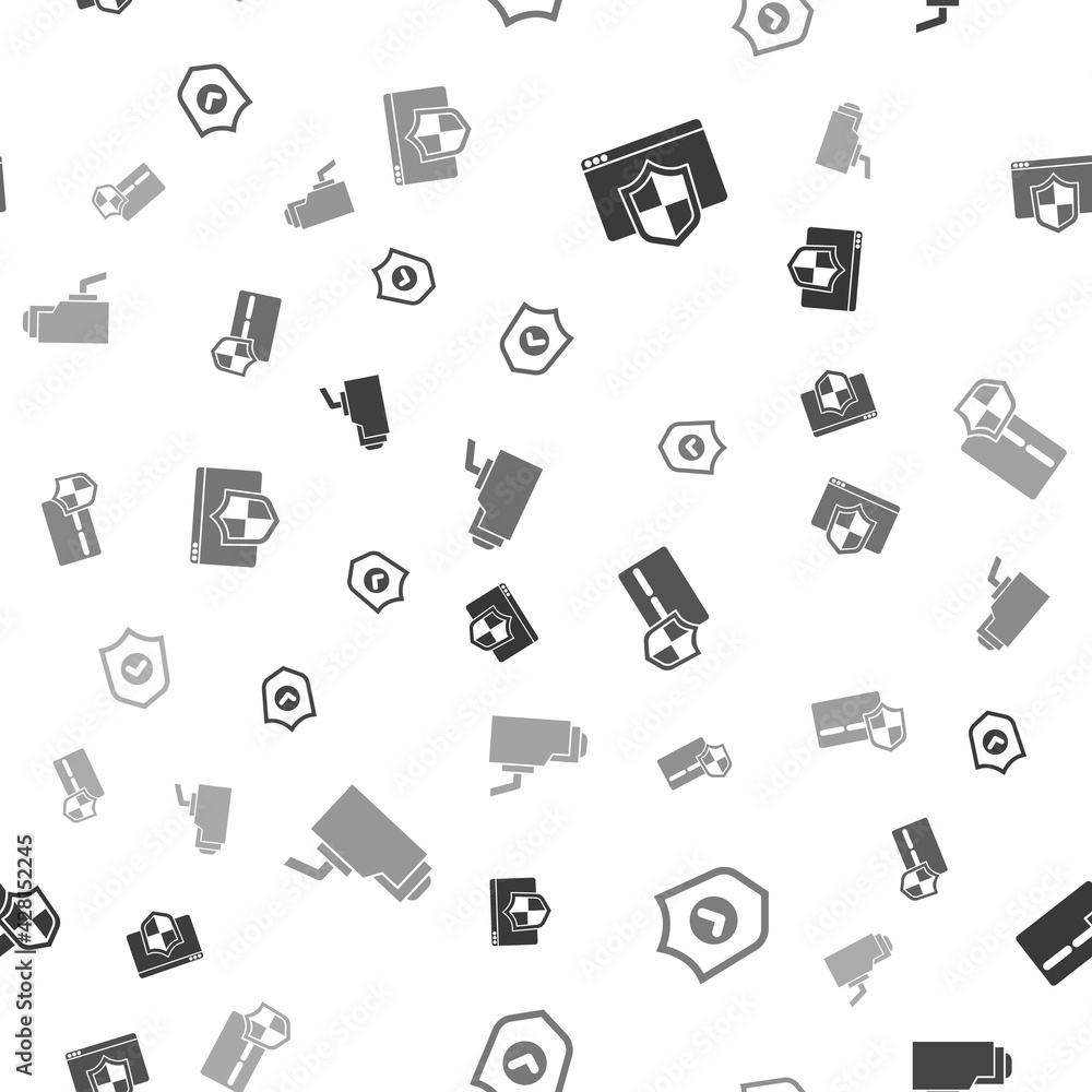Poster set browser with shield, shield check mark, credit card and security camera on seamless pattern. vec