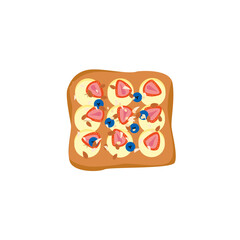 Delicious banana berry toast icon isolated. Healthy snack with bread, strawberry, blueberry banana, almond, oat flakes for breakfast, lunch. Colorful vector food illustration in flat style.
