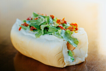 Vegetarian Brazilian hot dog with sun-dried tomatoes and arugula