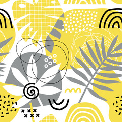 Seamless pattern with abstract hand drawn organic shapes. Collage style. Trendy colors of 2021.