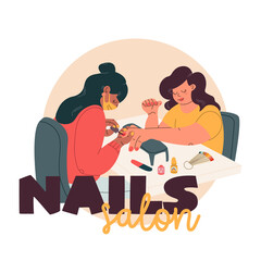 Nail salon illustration. Professional manicurist and nail artist at work. Two young women are doing a manicure. Trendy vector illustration.