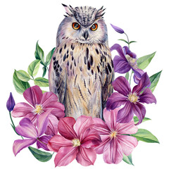 Flowers and owl on an isolated white background. Watercolor illustration, poster with an owl