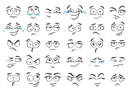 Cartoon faces. Hand drawn facial expressions, doodle face and different moods vector set