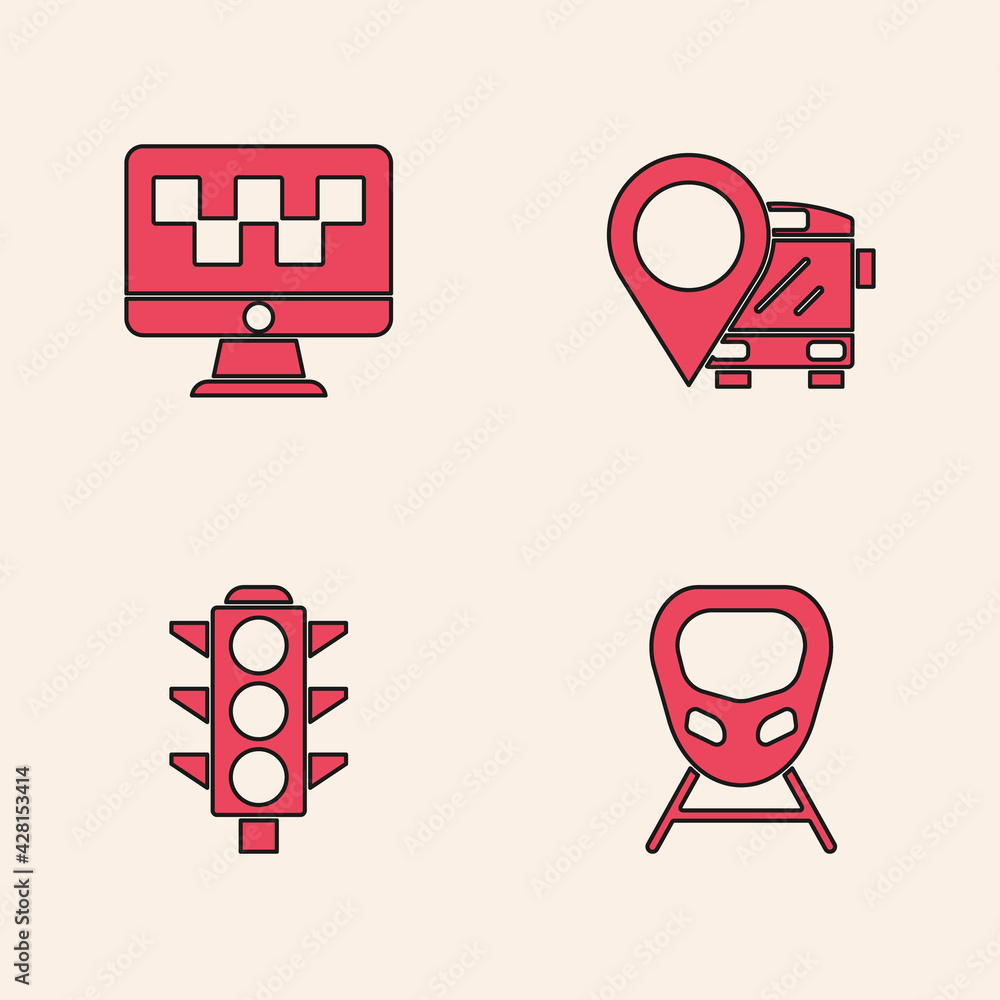 Poster set high-speed train, computer call taxi service, location with bus and traffic light icon. vector