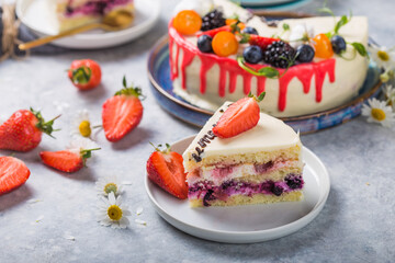 Fruit Cake and Tasty pastry. slice of cake. Raspberry cake. Devils cake. Wedding dessert. Birthday party. Delicious dessert.