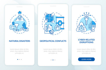 Energy safety threats onboarding mobile app page screen with concepts. Natural disaster, conflicts walkthrough 3 steps graphic instructions. UI, UX, GUI vector template with linear color illustrations