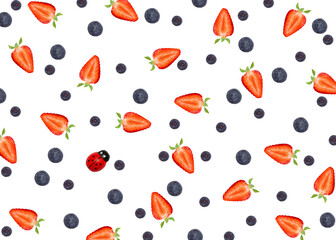 Ladybird and pattern made of fresh strawberries and blueberries against white background. Beautiful and clean summer flat lay design.