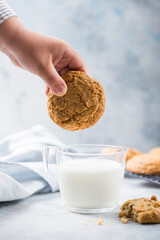 Freshly baked homemade vegan oatmeal cookies with cereals - flax seed, sesame and sunflower. Useful snack. Traditional breakfast. The concept of healthy eating. Selective Focus