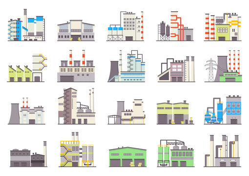 Industrial factory buildings. Warehouse, manufacturing building and power station flat vector icons set