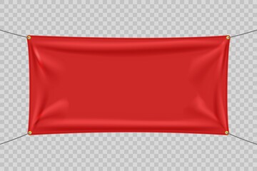 Red textile banner with folds with transparency