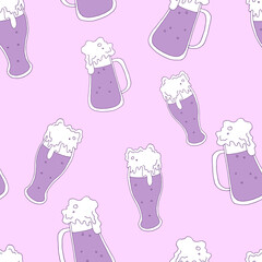 Seamless pattern. The background with the glasses. Foamy drink. Vector illustration. Stock vector. Beer. Purple pattern.