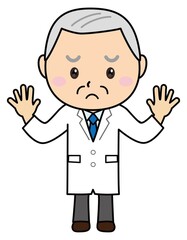 おじいさん01_06（困った顔で両手をあげる白衣を着た男性）