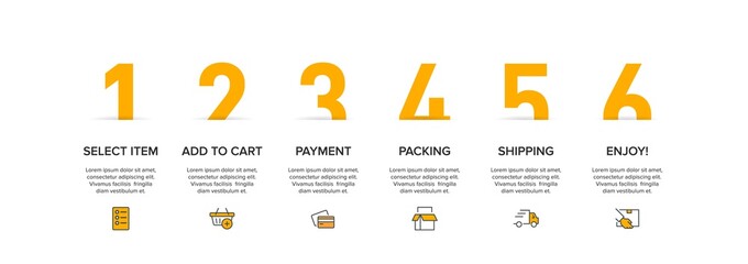 Concept of shopping process with 6 successive steps. Six colorful graphic elements. Timeline design for brochure, presentation, web site. Infographic design layout.