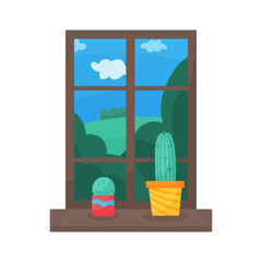 Set of trendy, vector, indoor plants in pots for the house on the window Cacti isolated on white background. Bright flat illustrations. Printing, fabric. textiles, interior