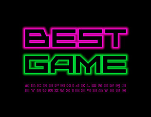Vector neon Poster Best Game. Electric modern Font. Glowing set of Alphabet Letters and Numbers