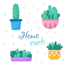 Set of trendy, vector, indoor plants in pots for home. Cacti isolated on white background. Bright flat illustrations. Printing, fabric. textiles, interior. Vector illustration
