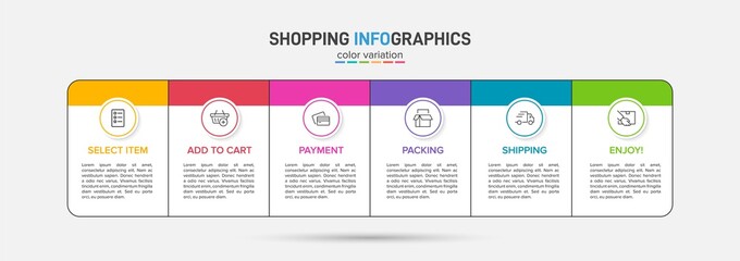 Concept of shopping process with 6 successive steps. Six colorful graphic elements. Timeline design for brochure, presentation, web site. Infographic design layout.