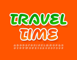 Naklejka premium Vector advertising banner Travel time. Creative bright Font. Sticker Alphabet Letters and Numbers set