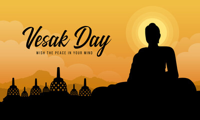 Vesak day with Silhouette A large meditation statue of the Buddha in Borobudur temple vector design
