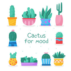 Set of trendy, vector, indoor plants in pots for home. Cacti isolated on white background. Bright flat illustrations. Printing, fabric. textiles, interior. Vector illustration