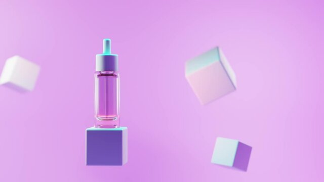 Cosmetic dropper glass bottle on podium in neon light. Mock up of flacon with pipette collagen serum or essence oil on geometric square stage, product ad presentation on pink background, 3d animation.