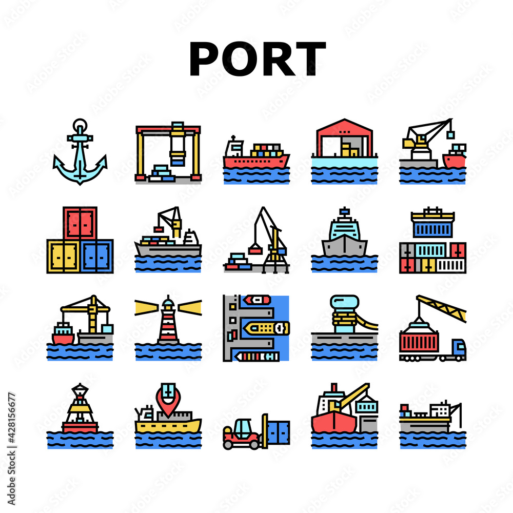 Aufkleber container port tool collection icons set vector. port crane loader for loading boxes on ship and sto
