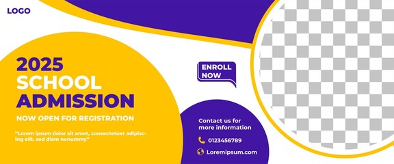 School admission web banner template design. Modern banner design with white, purple, and yellow shape background. Vector design with place for the photo.