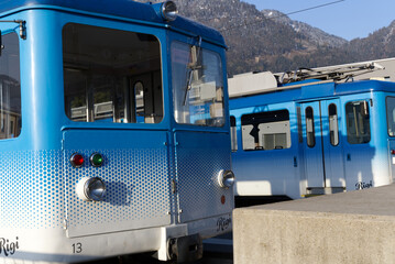 Train of Mount Rigi Railways in the morning. This year it is the 150th Anniversary of Mount Rigi Railways. Photo taken April 14th, 2021, Mount Rigi, Switzerland.