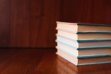 Banner with wide bookshelf and a stack of hardcovered books with bookmarks. Literature background with copy space for advertisement text