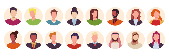 Office people avatar icons. Multicultural male and female characters portraits vector illustration set