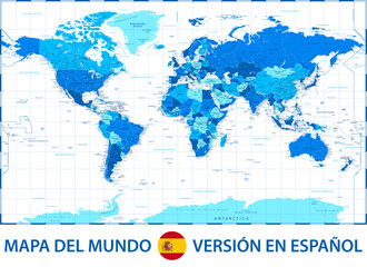 Fototapeta na wymiar World Map Color Political - Spanish Language Version - Vector Detailed Illustration