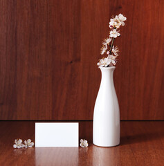 horizontal white small card  on the brown wall. Blooming branches of apricot in a white ceramic vase. Art concept. Scandinavian interior design, no people. Spring still life.