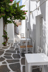 Fototapeta na wymiar View of the narrow street of Naoussa , Paros Island, Greece.