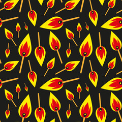 Seamless pattern of burning matches on a black background. Flat colorful vector illustration. Cartoon illustration. A design element that is perfect for a store, wallpaper, textiles, postcard, prints.
