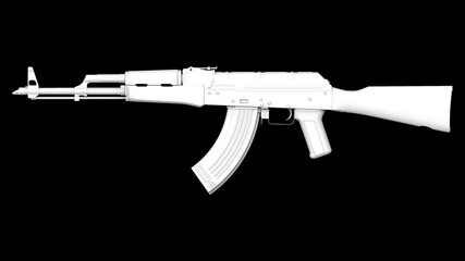 White AK-47 assault rifle isolated on black background. Classic Soviet AK machine gun. White  weapon