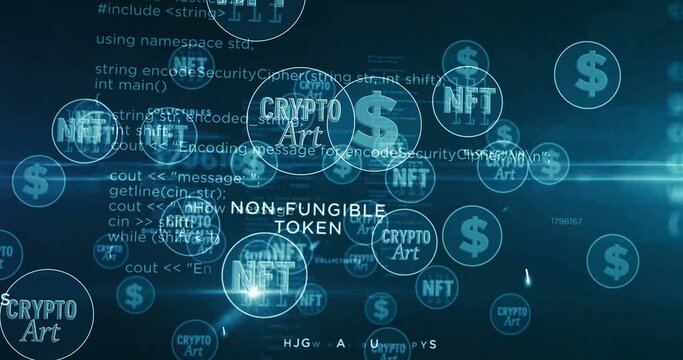 NFT Crypto Art technology, collectibles, blockchain transaction and non fungible token symbols 3d rendering abstract concept animation. Cyber icons loopable seamless futuristic digital background.