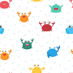 Isolated, seamless, vector pattern with sea crabs. Set of freshwater aquarium cartoon crabs for print, children development. Arthropod, graphic, decorative, colored, animals. Vector illustration