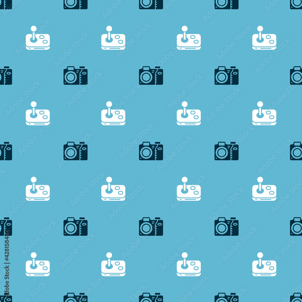 Poster set photo camera and joystick on seamless pattern. vector