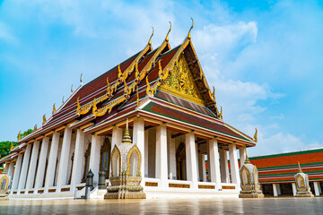 Naklejka premium BANGKOK, THAILAND - April 14, 2021: Low angle view in Golden Mount or Wat Saket Golden Mountain Temple famous, wat saket is a Buddhist temple in Pom Prap Sattru Phai district, Bangkok.