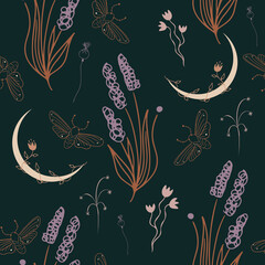 Hand drawn crescent moon and herbs seamless pattern. 