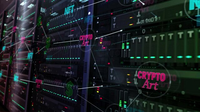 NFT Crypto Art. Datacenter with NFT Crypto Art technology, collectibles, blockchain transaction and non fungible token. Servers room digital seamless loopable 3d rendering concept animation.