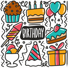 hand drawn birthday party doodle set