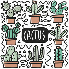 hand drawn cactus plant doodle set