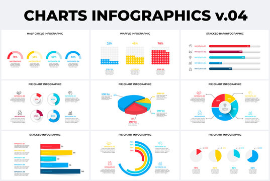 Set with various charts infographic design templates. Modern flat vector illustration for presentation. Annual report