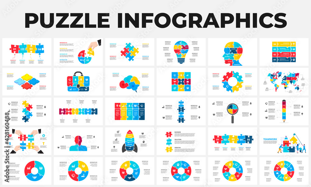 Poster Puzzle infographic set. Bundle templates for data visualization. Light bulb, human head, suitcase, brain, rocket, pencil, map and magnifier elements for presentation