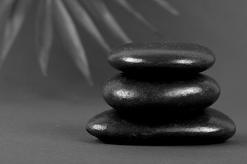 Stack of black zen balance stones with palm leaf in monochrome photography. Minimal arrangement. Creative concept of SPA. Copy space.